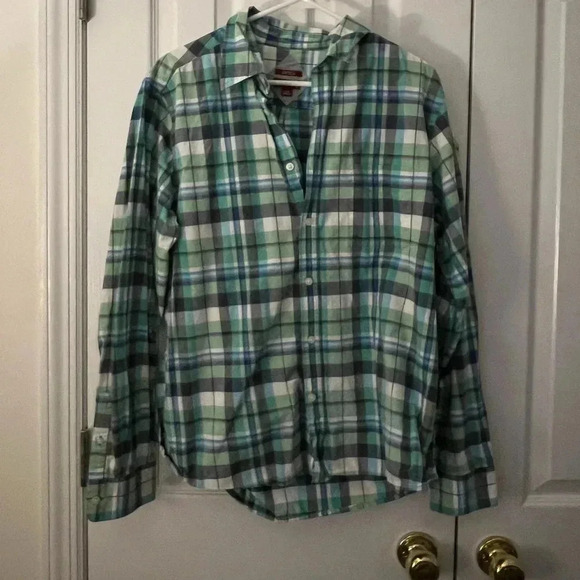 Merona Mens Large Button Up Shirt Green Blue 100% Cotton - Picture 1 of 5